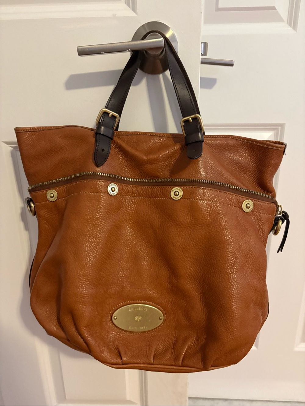 Mulberry Mitzy Cognac Leather Tote with Dark Brown Handles